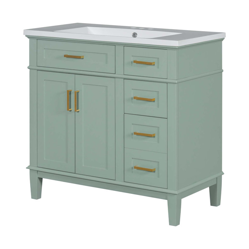 Meuble-lavabo de 36 po avec lavabo en résine, armoire de salle de bain moderne avec deux portes à fermeture douce et quatre tiroirs