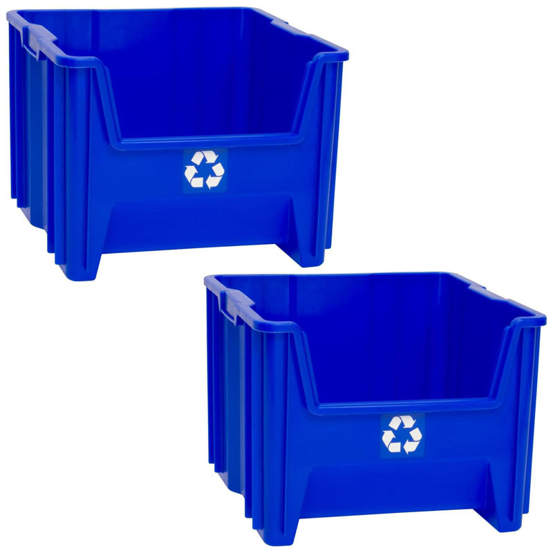 Paquet de 2, bac de recyclage empilable de 12 gallons, contenant de rangement commercial robuste à devant ouvert, bleu