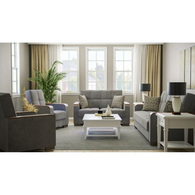 Primenest Zenaero X Collection Upholstered Convertible Wood Trimmed Loveseat With Storage, Grey Microfiber