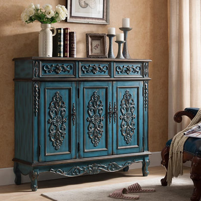 Banc de rangement bleu en bois manufacturé