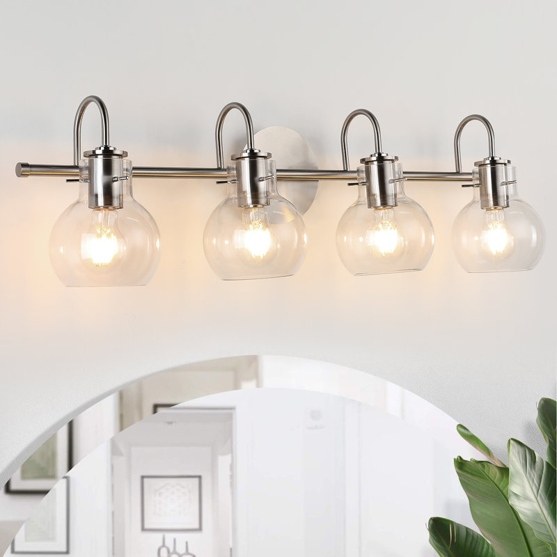 Éclairage pour meuble-lavabo avec abat-jour en verre transparent, Nickel brossé, 4 lumières