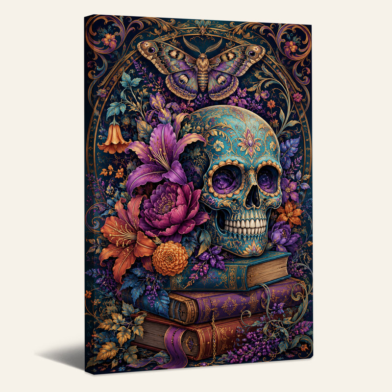 Ornement de crâne bleu sarcelle avec fleurs mauves et toile d'Halloween dorée, H 48 po x l 32 po