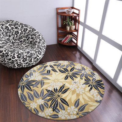 Candius Hand Tufted Wool Eco-Friendly Area Rugs - Round, Gold Color, Floral Modern Design, High Pile Thick Handmade Anti Skid Area Rugs for Living Room, Bed Room
