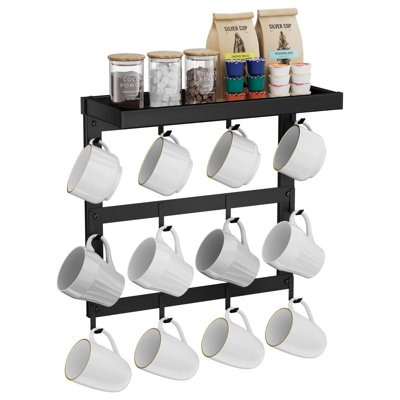 Rustic Metal Mug Rack With 12 Hooks And Top Shelf, (Black)