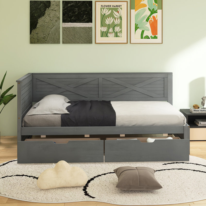 Lit de jour simple en bois avec 2 tiroirs et garde-corps rustique, Gris