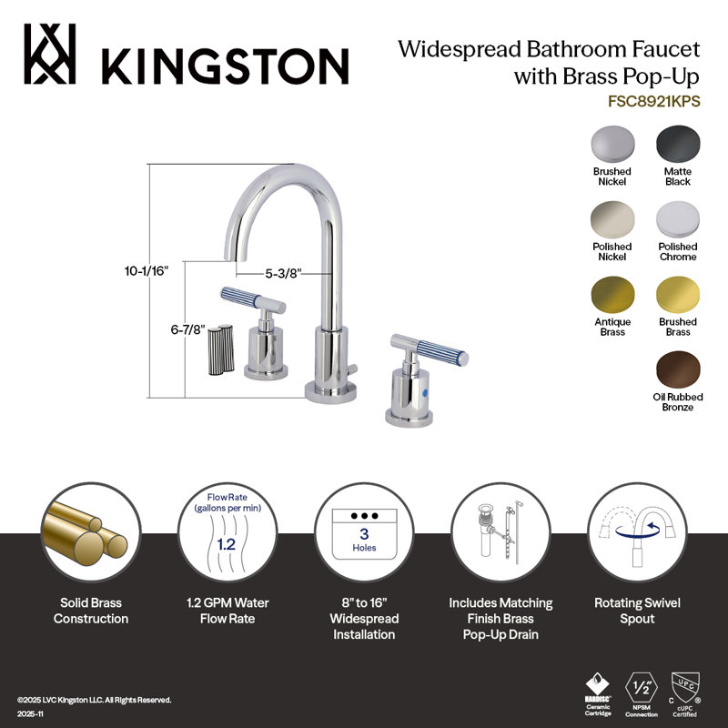 Kingston Brass Synchronous Two-Handle 3-Hole Deck Mount Widespread Bathroom Faucet with Brass Pop-Up Drain, Matte Black