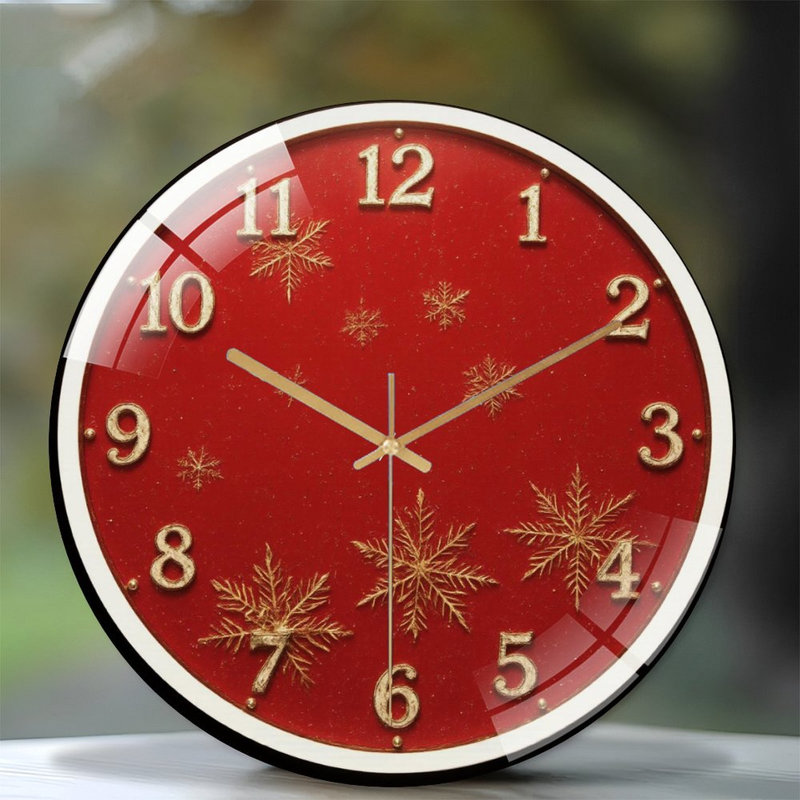 Red-Clock-Face-Gold-Numbers-Snowflakes Art - 12'' Modern Glass Wall Clock
