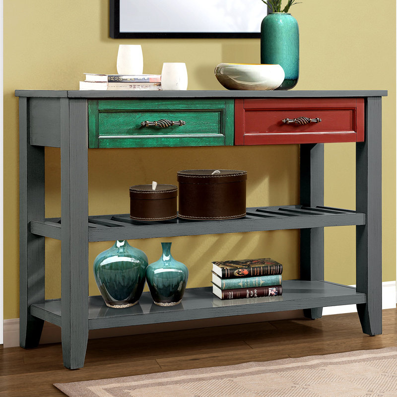 Console avec 2 tiroirs et tablettes Kinzee, Gris antique