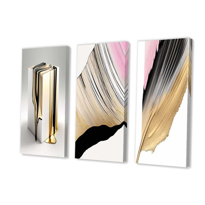 Black And Gold Cubic Expression I - Minimalism Art Set of 3 Pieces, H 28 po x l 36 po x P 1 po