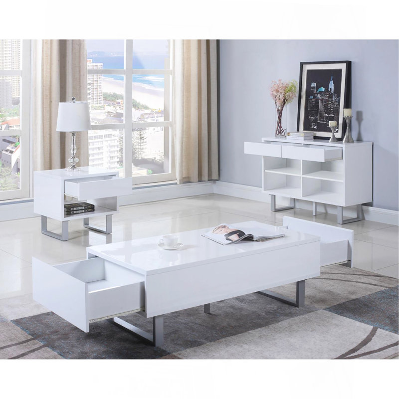 Table basse 1 tiroir haute brillance blanche