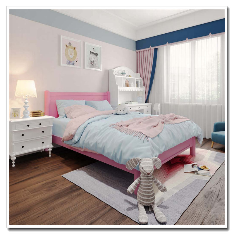 Grand lit plateforme en bois massif avec tête de lit et 10 lattes, aucun sommier requis, Grand lit, Rose