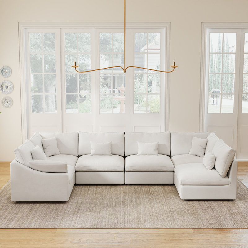Canapé modulaire symétrique en chenille à 6 places en chenille, Beige