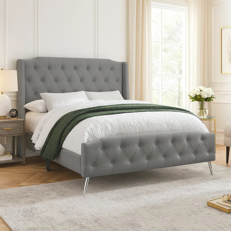 Bed Queen Size Platform Bedroom Frame Upholstered Linen Look Metal Legs, Gray
