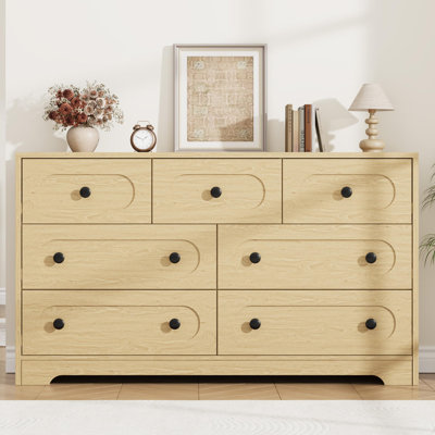 Commode Mid-Century moderne de 55 po avec 7 tiroirs profonds, grande commode à vêtements en bois, armoire de rangement Boho rétro, finition naturelle, boutons en métal