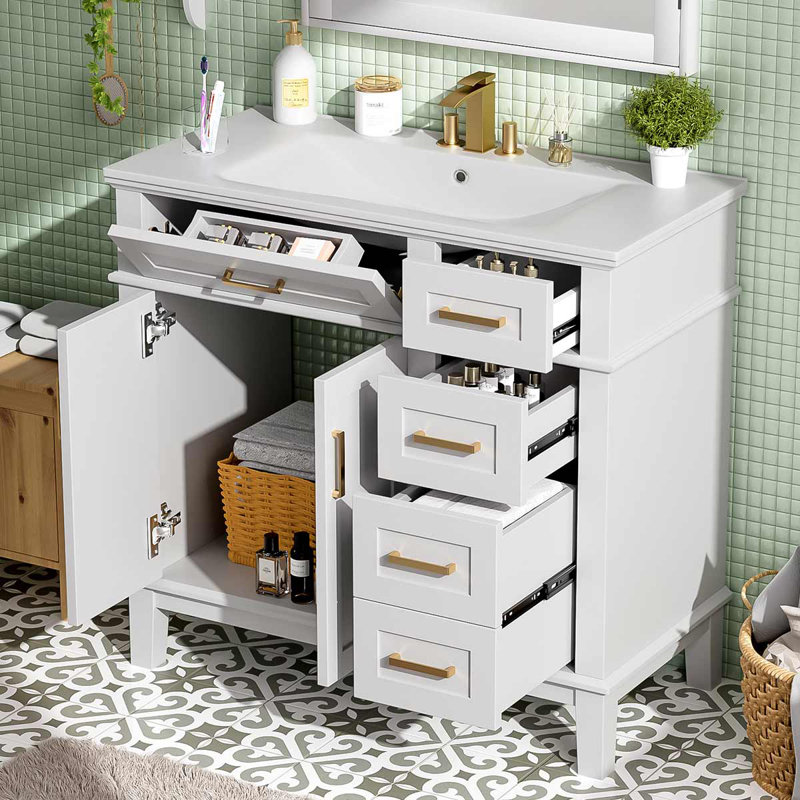 36-Inch Modern Bathroom Vanity With Ceramic Sink, Cabinet With Four Drawers, White