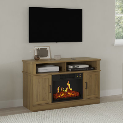 Meuble télé 44,5 po avec foyer électrique - console multimédia avec armoire de rangement, télécommande, chaleur réglable et flammes DEL (grain de bois brun)