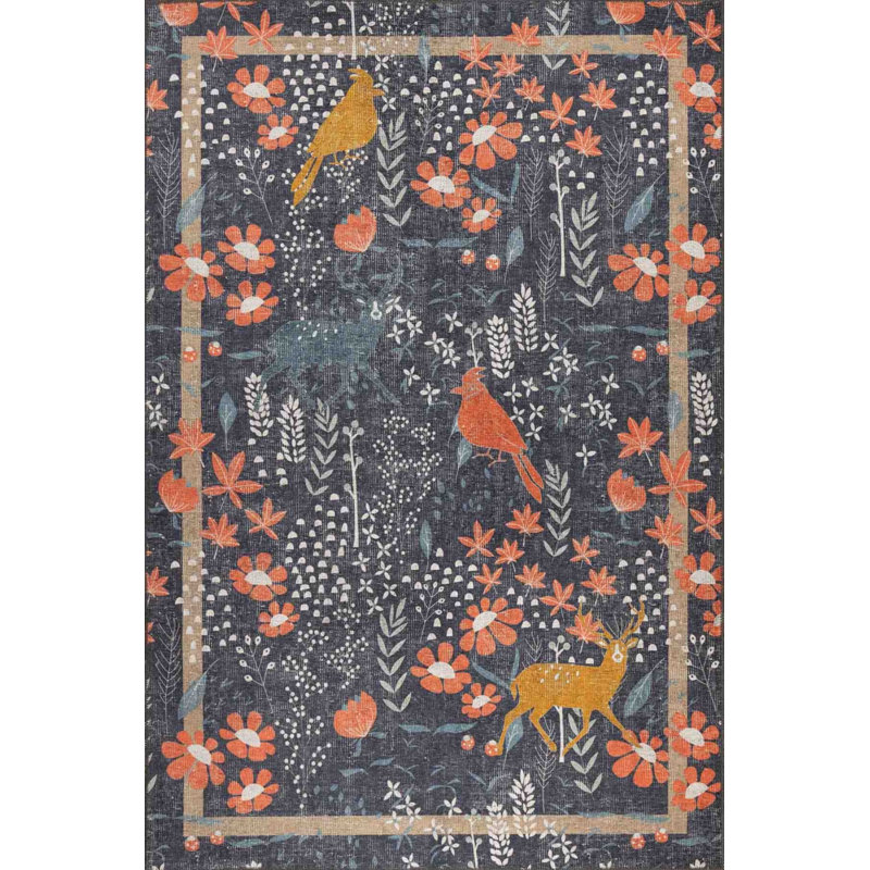 Tapis en chenille moderne tissé à motif floral bleu marine / orange Hattiesburg, Rectangle 3 pi 10 po x 5 pi 3 po