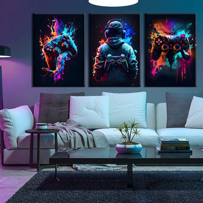 3 Pcs Cool Gaming Wall Art Rétro Jeu Vidéo Aquarelle Affiches Photos Néon Manette Toile Peinture Impressions Pour Garçons Chambre Enfants Salle De Jeux Accessoires Chambre Décoration De La Maison Encadrée