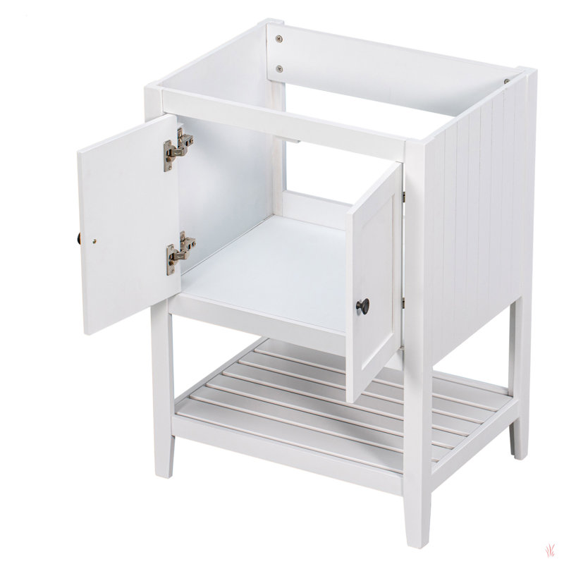 Base de meuble-lavabo 24 po seulement, structure en bois massif, armoire de rangement avec portes et tablette ouverte, Blanc