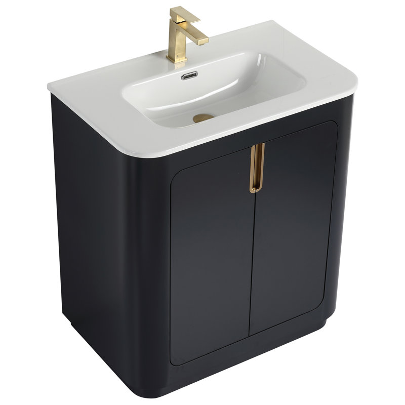 Atticus 30 Inch Bathroom Vanity with Sink, Black/Satin Brass