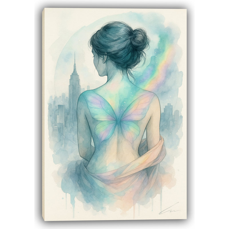 City of Wings - Aquarelle sur fond papillon et arc-en-ciel, H 24 po x l 16 po