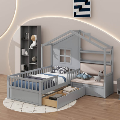 Lit simple à thème simple avec canapé, lit plateforme pour enfants avec tiroirs doubles et tablette de rangement