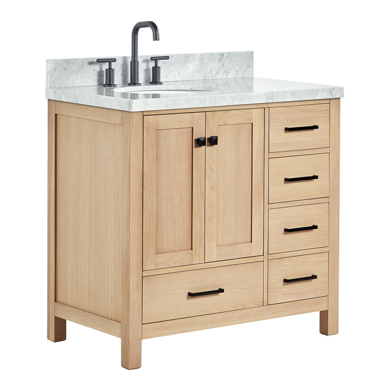 Cambridge 37'' Single Bathroom Vanity with Carrara Marble Top, Oak, Matte Black
