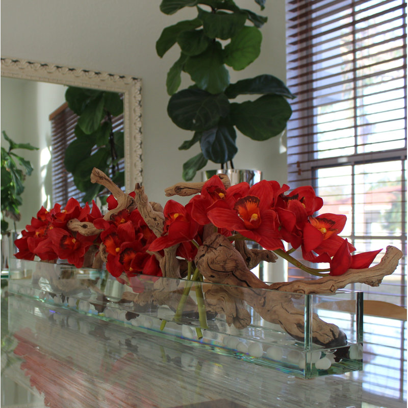 Driftwood Cymbidium Orchids Centerpiece in Glass Planter, 16" H x 48" W x 4" D, Red
