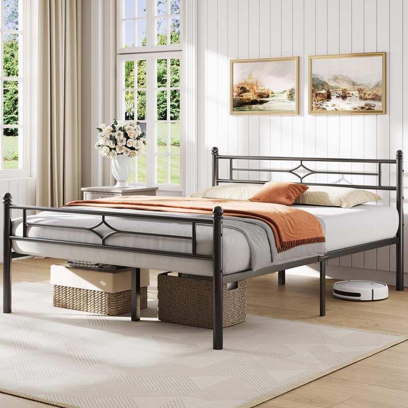 Vintage Metal Bed Frame With Elegant Headboard And Footboard, No Box Spring Needed, Noise Free, Full
