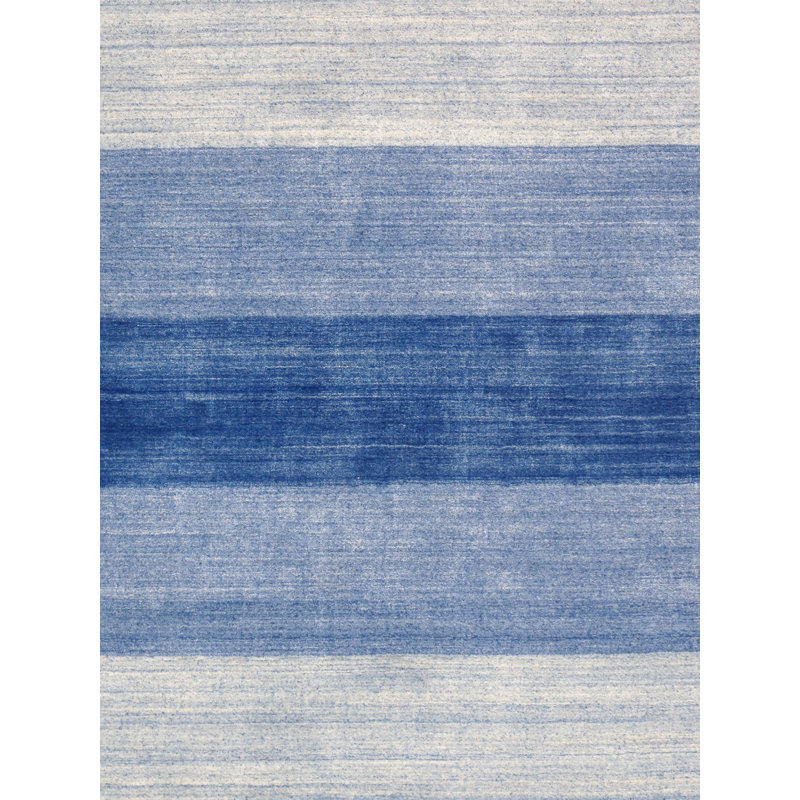 Tapis bleu rayé en laine / soie / coton 8 pi 9 po x 11 pi 9 po Kassidi, Rectangle 8 pi 9 po x 11 pi 9 po