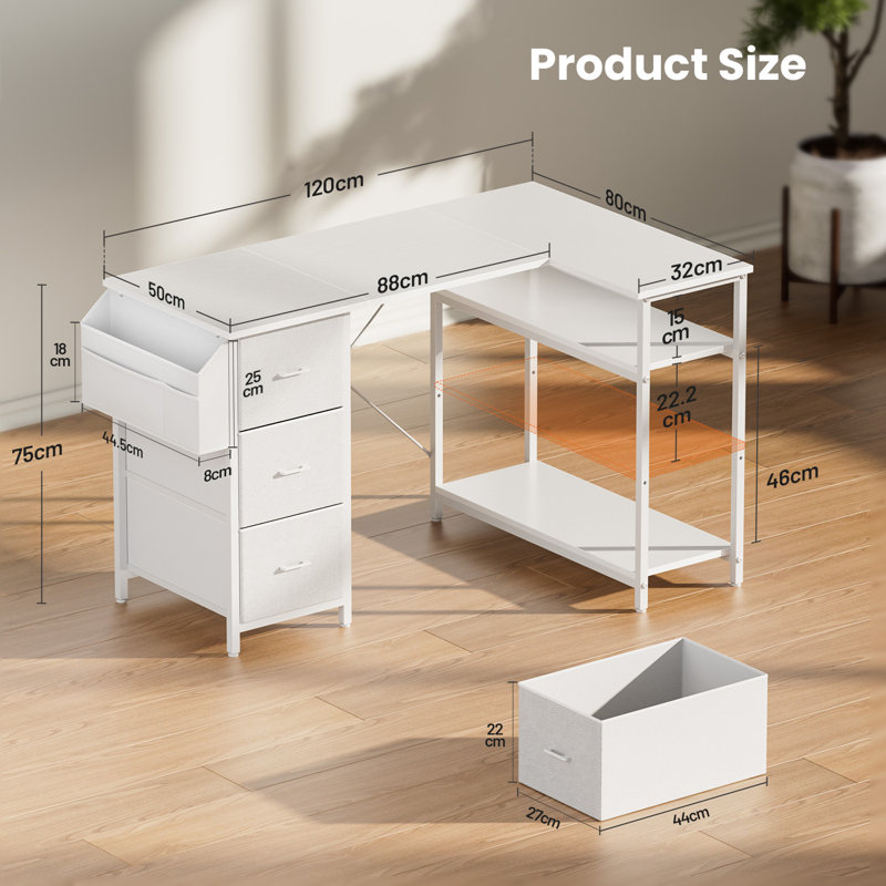 Bureau d'ordinateur en L de 47 pouces avec sac de rangement et 3 tiroirs en tissu, bureau de coin moderne avec tablettes de rangement, poste de travail peu encombrant pour la chambre à coucher, le bureau et les petits espaces, blanc