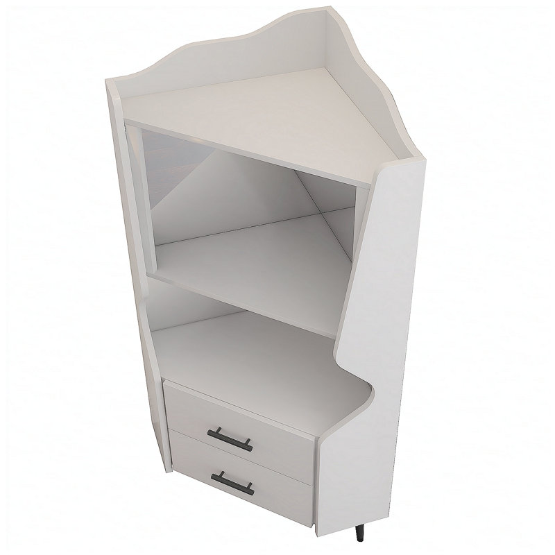 Wooden Corner Bar Cabinet with Open Shelves, Drawers, Mirrored Back, and High Legs for Easy Cleaning, White
