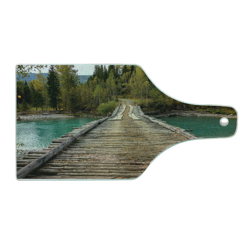 Ambesonne Rustic Tempered Glass Cutting Board River Pine Tree Forest Brown Green