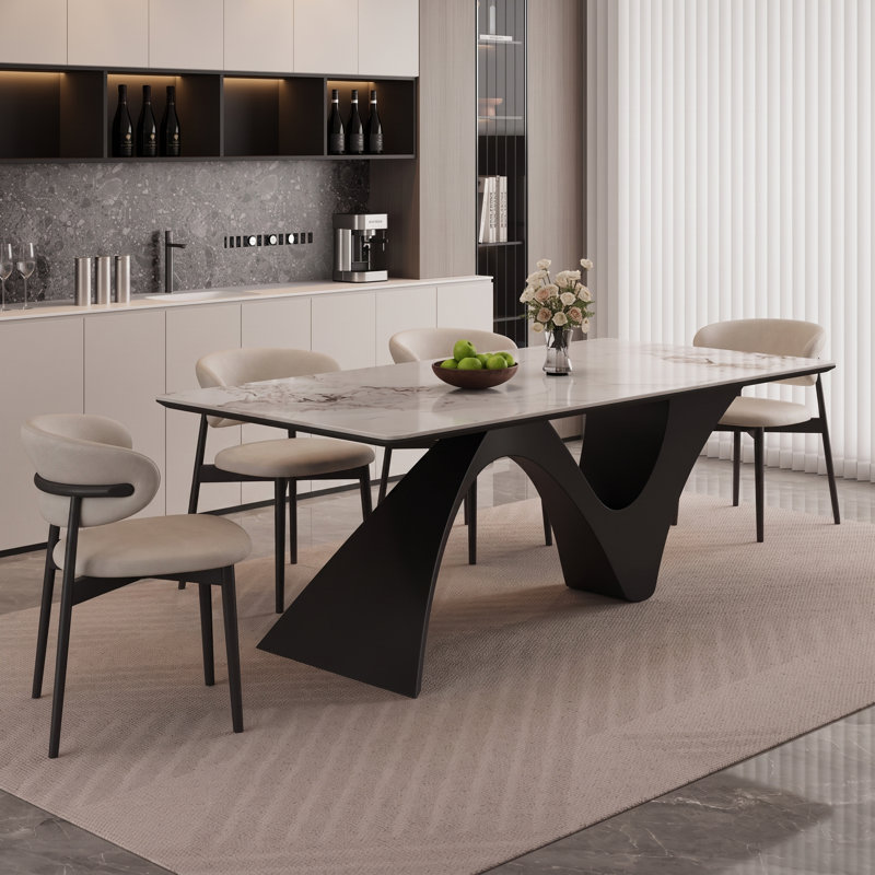 Table de salle à manger rectangulaire moderne de 200 cm (78,74 po) pour 6 à 8 personnes, avec un plateau extra-large de 100 cm (39,40 po) aspect marbre et un piètement géométrique sculptural.