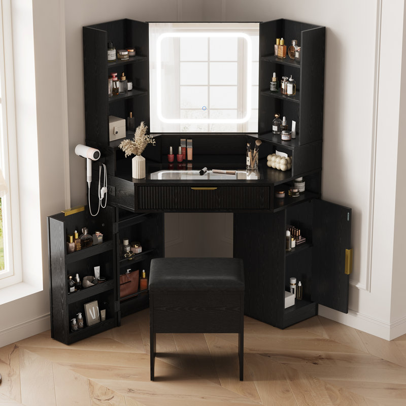 Bureau de coin de meuble-lavabo de coin avec miroir et lumières à DEL à intensité variable, coiffeuse en verre avec station de charge, commande tactile, tiroirs spacieux et casier ouvert pour la chambre à coucher, noir