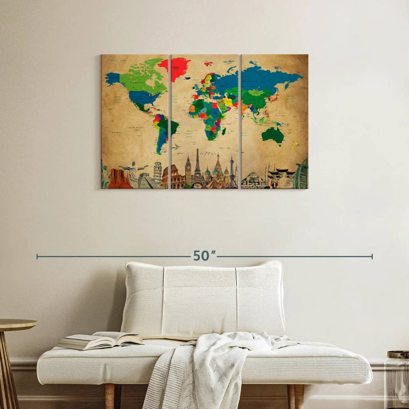Carte du monde sur toile de la société 3 pièces, H 24 po x l 38 po x P 1,25 po