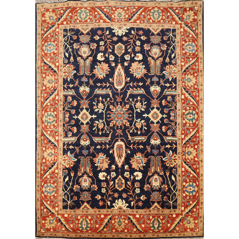 Vegetable Dye Wool & Silk Navy Blue  Traditional Rug 5x7