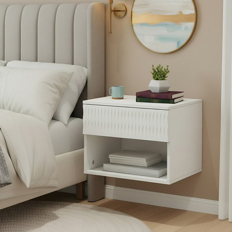 Floating Wood Wall Mounted Nightstand with 1 Storage Drawer and Shelf (Set of 2), White