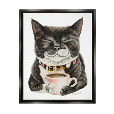 Chat souriant et tasse à café encadrée sur bois, impression
