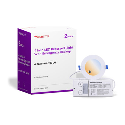 Reliant 4" LED Recessed Light with 90-Min Emergency Battery Backup, Commercial, UL924, 5CCT 2700K-5000K Selectable, 700LM 9W, CRI 90+, Dimmable, Airtight IC Rated