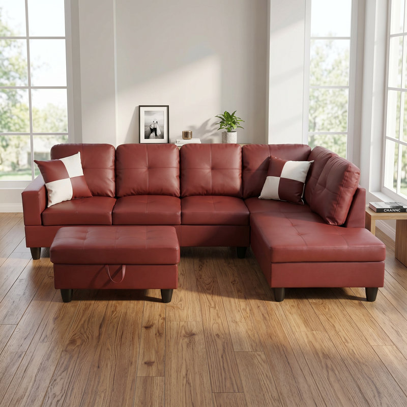Ensemble de canapé modulaire moderne en similicuir bourgogne, canapé en L avec méridienne réversible, repose-pieds de rangement et coussins pour petit salon