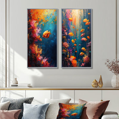 Bleu, orange, corail, poisson marin, vie I - ensemble d'art mural 2 pièces corail