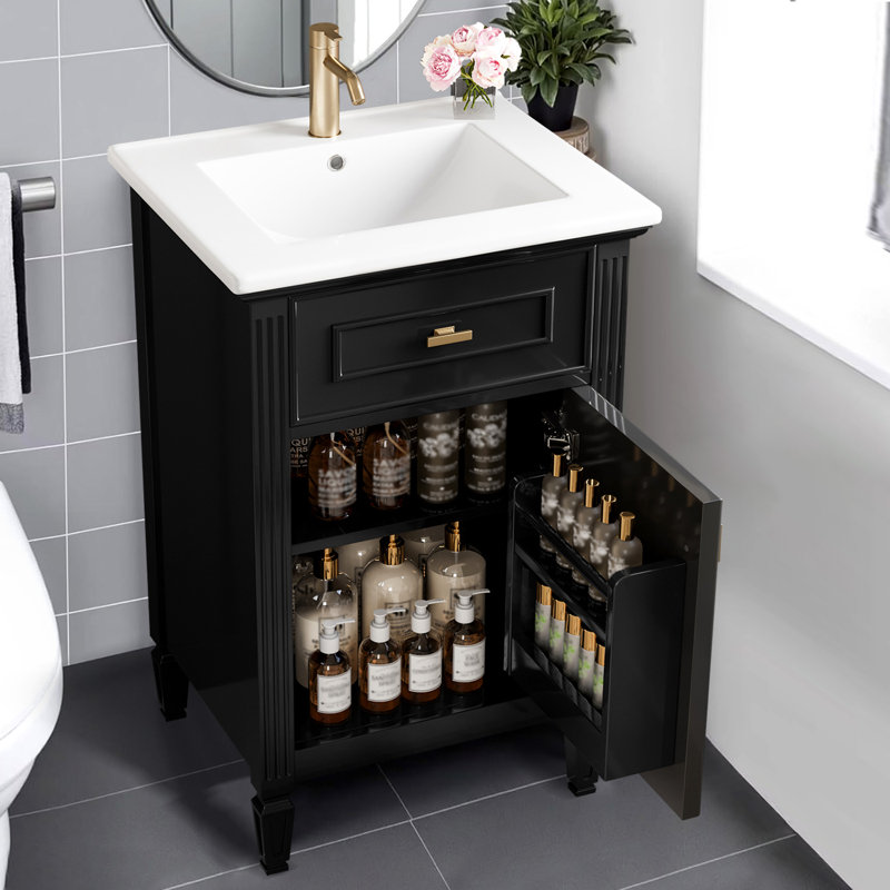 Meuble-lavabo de 20 po avec lavabo, pieds en bois massif, tiroir inclinable et armoire autoportante pour petite salle de bain