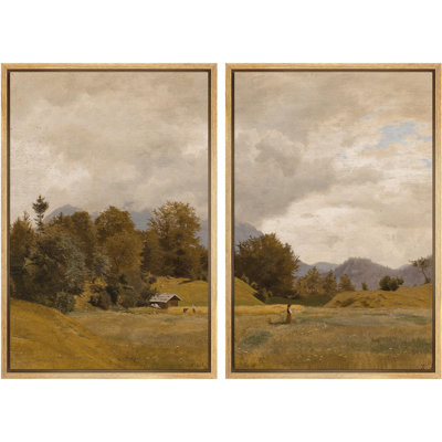 Rural Landscape " Peaceful Pastoral Landscape Prints Rolling Hills & Farm Nature Wilderness Illustration Decor " 2 - Pieces