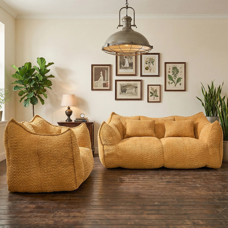 Compressed Sofa, Two-Seat Bean Bag Sofa With Pillows And Armrests For Bedroom Living Room, Coffee Brown Fabric