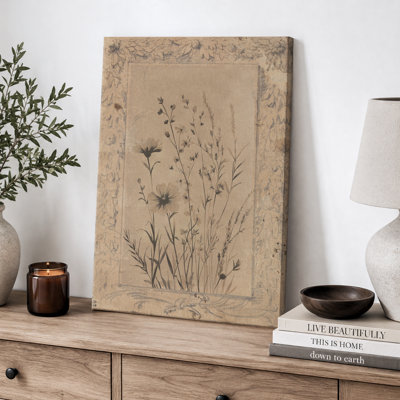 Art mural rétro sur toile Botanical Wildflower - décoration florale beige rustique pour chambre à coucher ou entrée