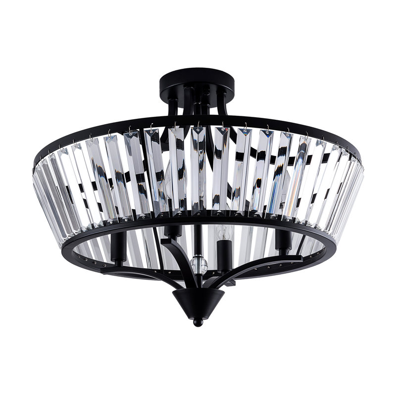 Plafonnier semi-encastré moderne en métal et cristal noir mat de 20 po à 4 lumières pour salon / chambre à coucher, Noir mat