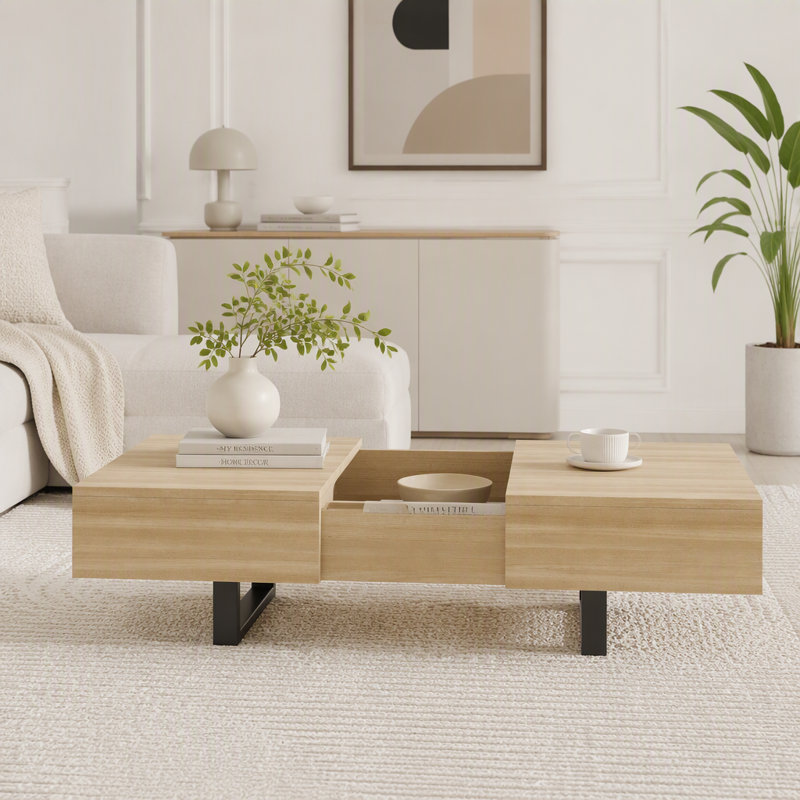 Table basse coulissante avec rangement dissimulé, Naturel
