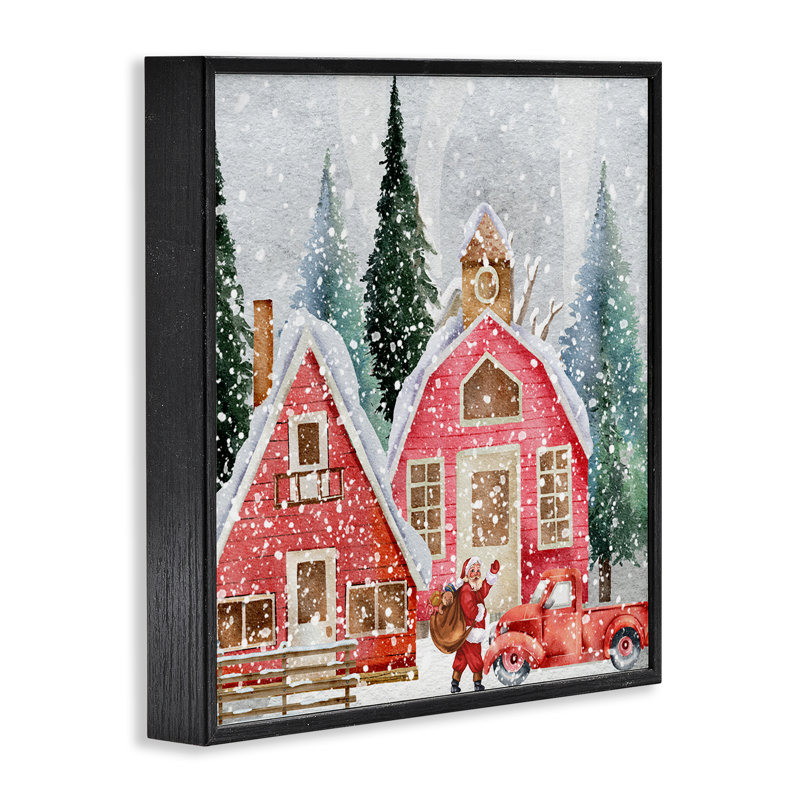«Red Barn Santa», estampe numérique giclée par Jesse Keith, Giclée encadrée noir minuit, H 12 po x l 12 po