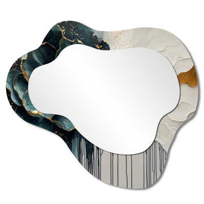 Pivoine émeraude moderne sur pierre de rivière émeraude I - miroir décoratif asymétrique abstrait, miroir mural irrégulier moderne, imprimé sur métal